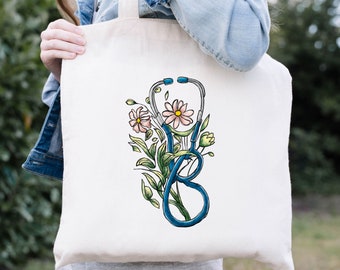 Floral Stethoscope Tote Bag, Reusable Tote Bag, Gift For Nurse, Nurse Tote Bag, Gift For Doctor, Gift for Nursing Graduation Tote Bag