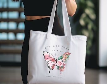 Borsa You Are Free To Fly, borsa tote positiva, borsa tote ispiratrice, borsa da mercato motivazionale, borsa tote a farfalla, regalo per lei borsa riutilizzabile