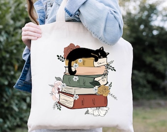 Book And Cat Tote Bag, Book Lover Gift, Cat Lover Gift, Cat Owner Gift, Nature Lover Tote Bag, Book Bag, Animal Lover Tote Bag