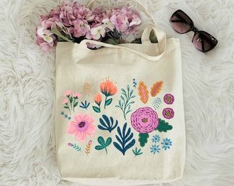 Bolsa de flores de acuarela, Bolsa de mano de flores silvestres, Regalo para ella, Tote inspirador, Bolsa de playa, Regalo para cumpleaños, Bolsa de mano reutilizable, Bolsa de flores