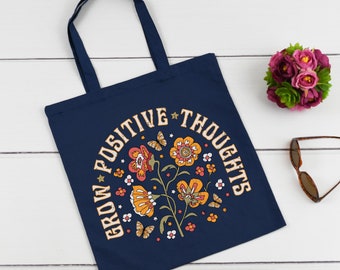 Grow Positive Thoughts Tote Bag, Watercolor Botanical Women Shopping Tote Bag, Universal Studios bag, Motivational Bag, İnspirational Bag