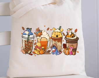 Winnie The Pooh Tote Bag, Pooh And Friends, Cute Bear Bag, Halloween Gift, Pumpkin Latte, Latte lover Gift, Coffee Lover Gift, Tote Bag