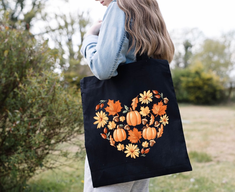 Love Fall Tote Bag, Pumpkin Bag, Fall Shoulder Bag, Fall Vibes, Fall Theme Tote Bag, Autumn Leaves Tote Bag, Gift for Her, Shopping Tote Bag image 1