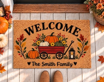 Gepersonaliseerde herfstdeurmat, welkomstmat met familienaam, kokosmat met pompoenwagenmotief