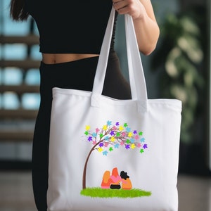 Sitting Under Tree Tote Bag, Shopping Tote Bag, Floral Bag, Tree With Hearts Leaves Bag, Reusable Tote Bag, Shoulder Bag, Vintage Bag