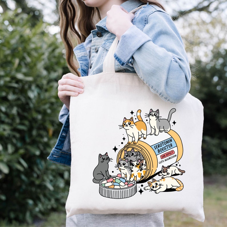 Serotonin Booster Tote Bag, Cat Lover Tote Bag, Anti Depressant Cat Tote Bag, Cat Mom Tote Bag, Cat Tote Bag, Cats Bag, Animal Lover Gift image 1
