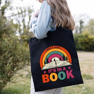 Look it&#39;s in a book reading Tote Bag, vintage retro rainbow Bag, Book Bag, Reading Tote Bag, Book Gift, Book Lover, Funny Book Bag