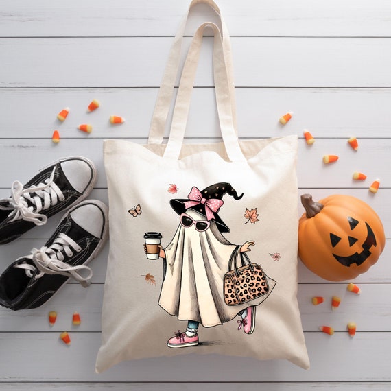 Halloween Canvas Tote Bag - Floral Ghost Pumpkin Print, Reusable 15x16 Inch Bag With Leather Handle
