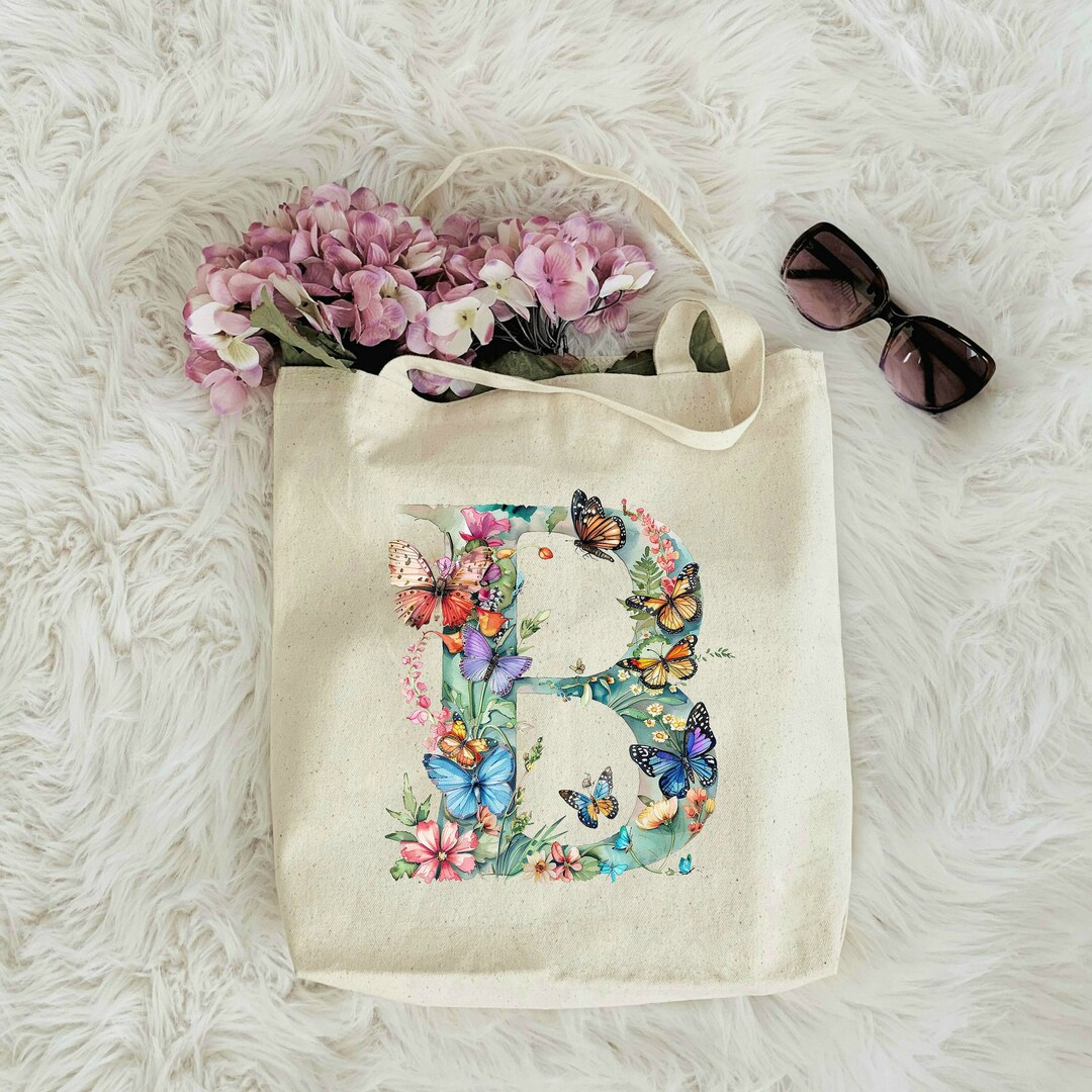 Custom Floral Tote Bag, Floral Alphabet Tote Bag, Flower Tote Bag — free download