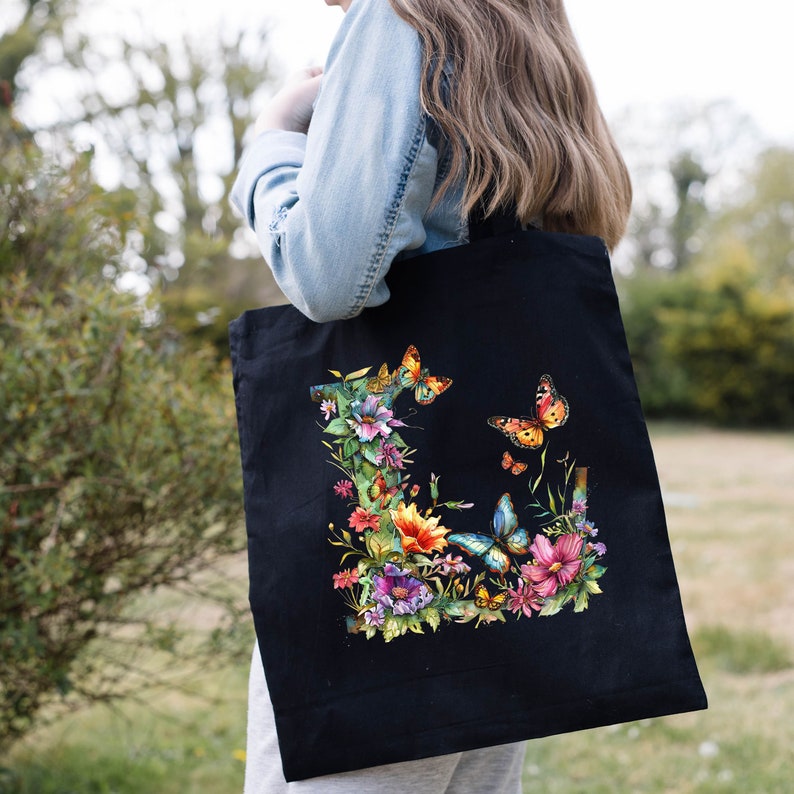 Custom Floral Tote Bag, Floral Alphabet Tote Bag, Flower Tote Bag — free download