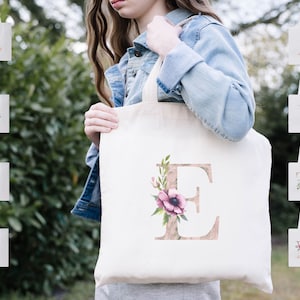 Personalisierte Blumen Buchstabe Initial Tasche Geschenk, Einkaufstasche, Individuell bedruckte Einkaufstasche, 100% Baumwolle, Alphabet Name Aquarell Außentasche