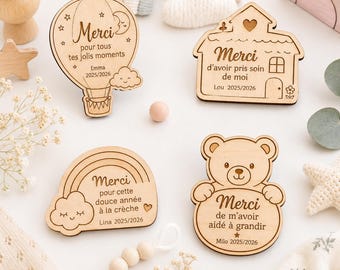 Cadeau crèche personnalisé en bois – Magnet merci nounou / auxiliaire – Cadeau fin d’année crèche – Prénom enfant gravé