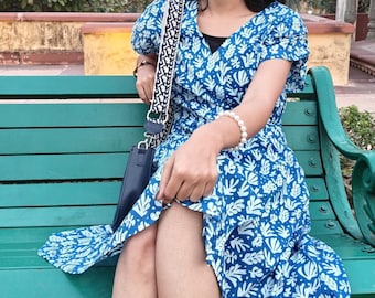 Blue Floral Midi Dress, Cotton Summer Dress, Floral Wrap Dress, Short Sleeve Midi Dress, Casual Day Dress, Boho Wrap Dress, Vacation Outfit