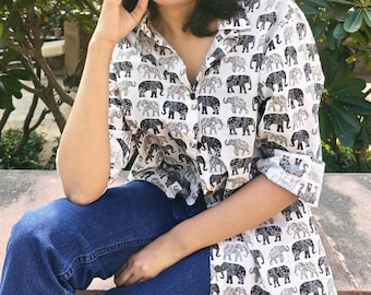 Animal Print Shirt, Elephant Print Shirt: Handmade Indian Shirt, Women's Relaxed Fit Button Up Top, Vintage Cotton Shirt