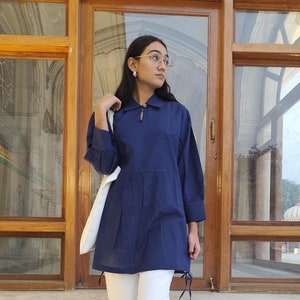 Cotton Tunic Top – Navy Blue Collared Shirt with Front Yoke and Full Sleeves