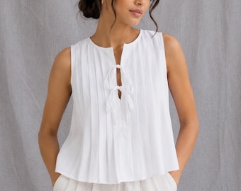 Pleated Tie Front Top for Women, Cotton Sleeveless Blouse, Summer Tank Top, Minimalist Top, Casual Cotton Shirt, Boho Top