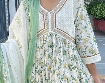 White Floral Anarkali Kurti Set, Schiffli Cotton Indian Suit