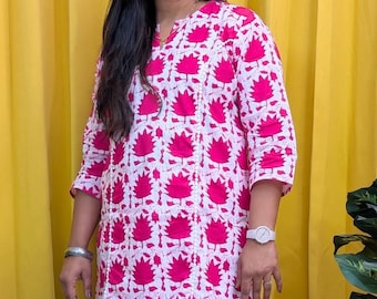 Pink & White Cotton Kurta Pant Set: Ethnic Women's Co-ord