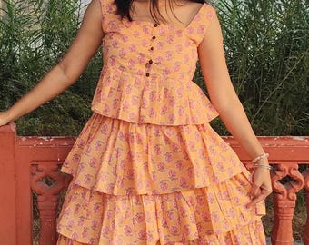 Combi-set katoenen boho-bloemenset | Gelaagde rok met ruches