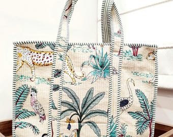 Met de hand bedrukte gewatteerde katoenen tas: boho-handtas met dierenprint
