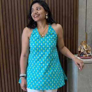 Blue Cotton Halter Neck Top – Backless Tie-Up Sleeveless Kurti image 8