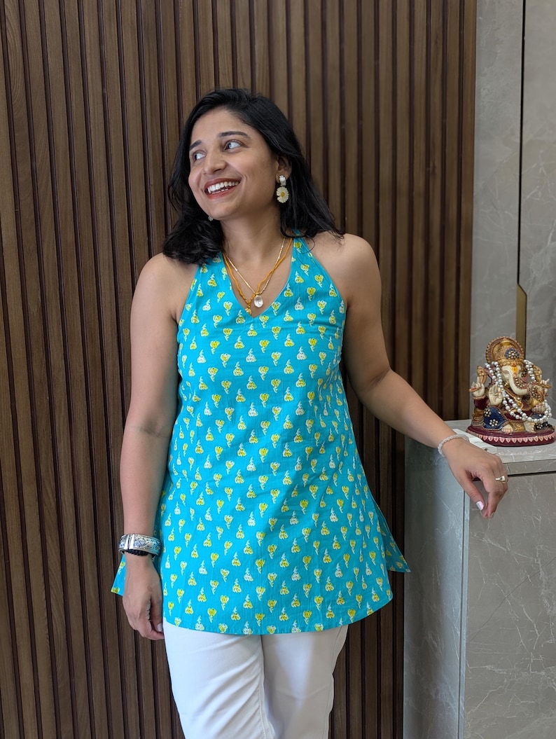 Blue Cotton Halter Neck Top – Backless Tie-Up Sleeveless Kurti image 8