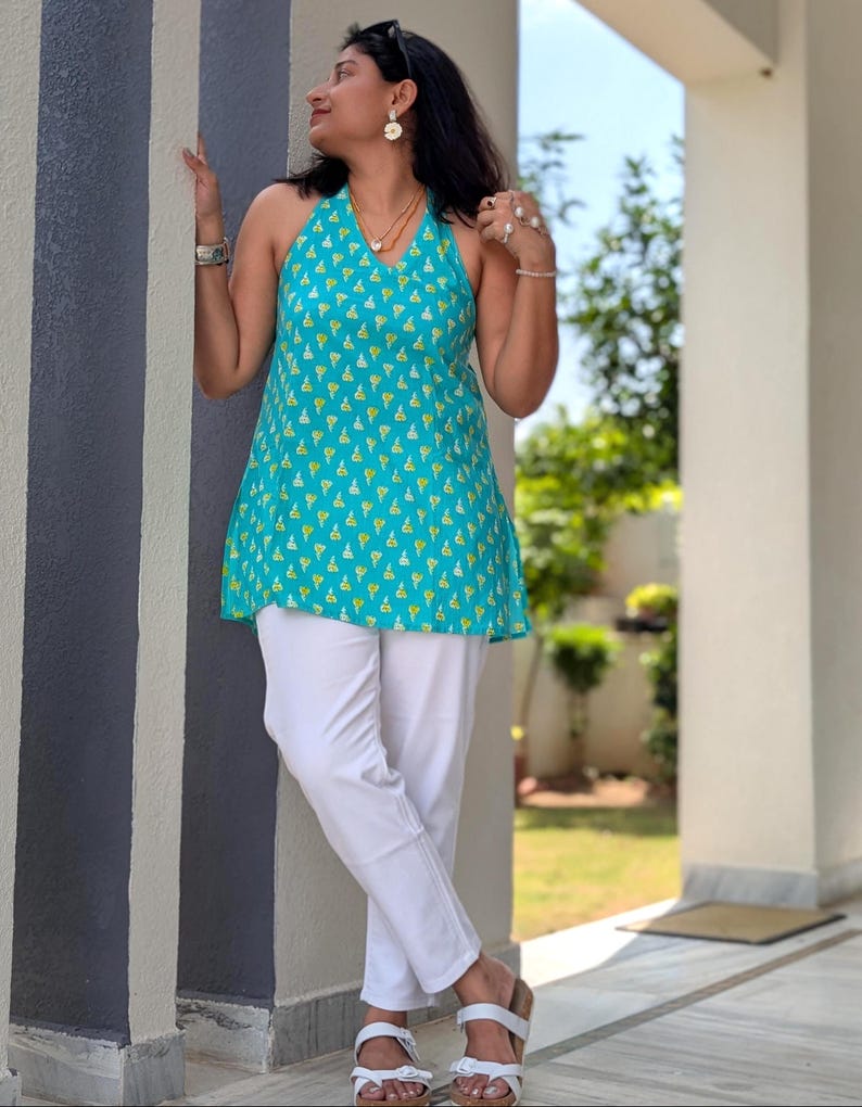 Blue Cotton Halter Neck Top – Backless Tie-Up Sleeveless Kurti image 4