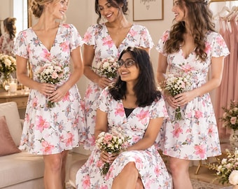 White Floral Dress, Cotton Wrap Dress, White Holiday Dress, Bridesmaid dress, Gift for Her, Floral Midi Dress