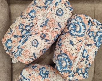 Hand Block Printed Quilted Cotton Pouch Set: Floral Travel Toiletry Bags