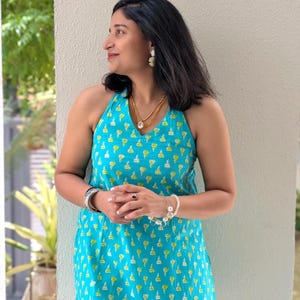 Blue Cotton Halter Neck Top – Backless Tie-Up Sleeveless Kurti image 3
