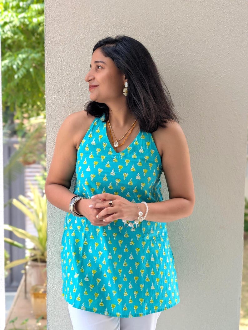 Blue Cotton Halter Neck Top – Backless Tie-Up Sleeveless Kurti image 3