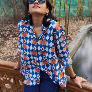 Crab Print Cotton Shirt, Button-Up Collared Top, Women’s Casual Shirt