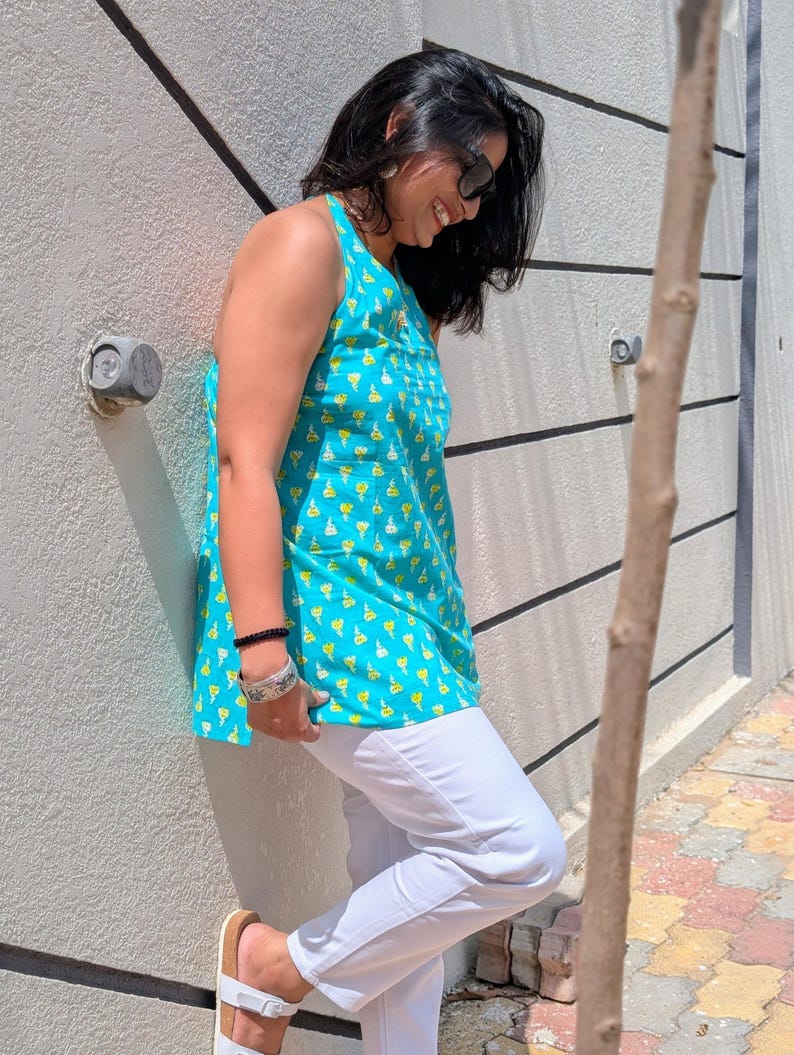 Blue Cotton Halter Neck Top – Backless Tie-Up Sleeveless Kurti image 6