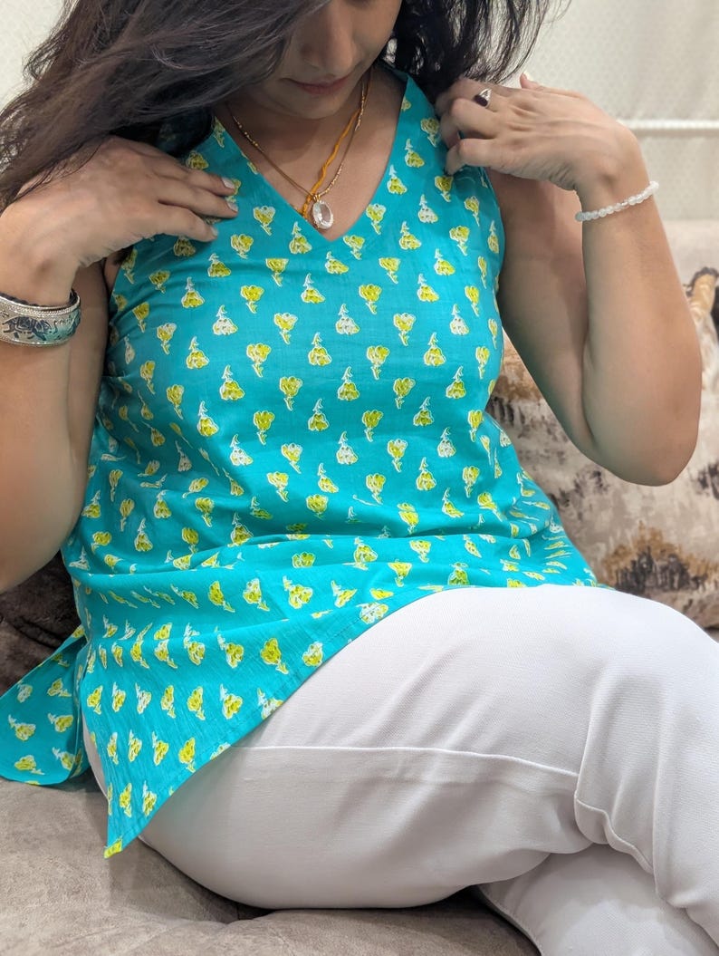 Blue Cotton Halter Neck Top – Backless Tie-Up Sleeveless Kurti image 5