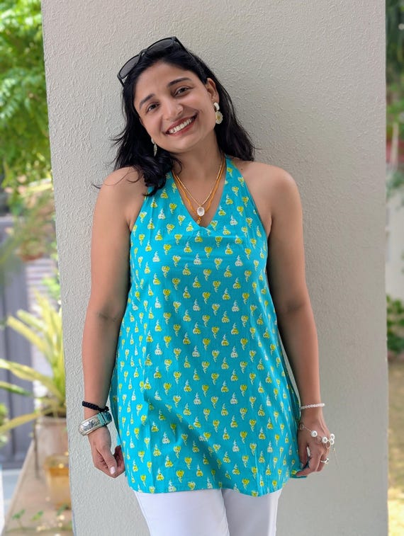 Blue Cotton Halter Neck Top – Backless Tie-Up Sleeveless Kurti