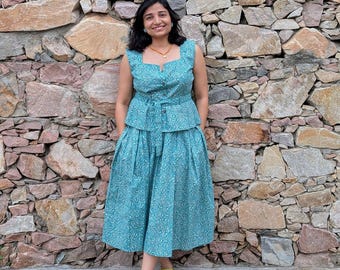 Handgemaakte boho-katoen combi-set – mouwloze top en plooirok