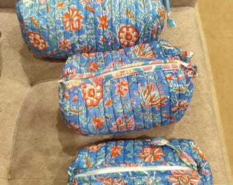 Boho Quilted Cotton Toiletry Pouches Set: Blue Floral Block Print Travel Bag