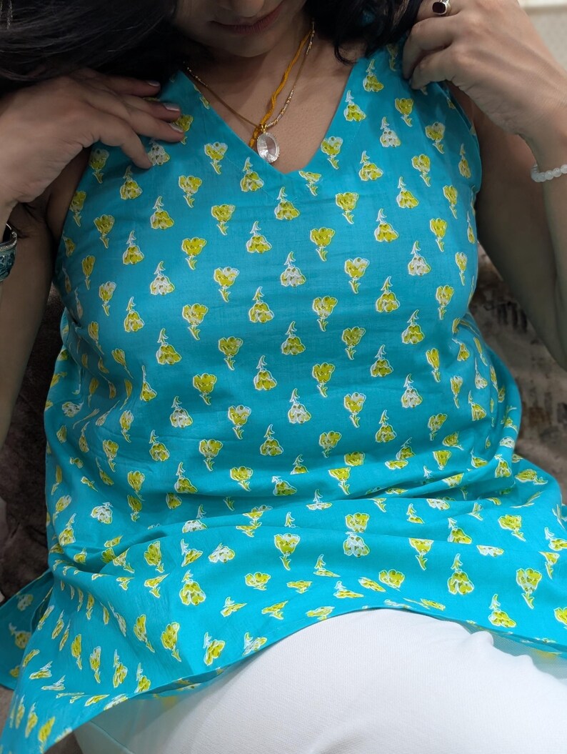 Blue Cotton Halter Neck Top – Backless Tie-Up Sleeveless Kurti image 14