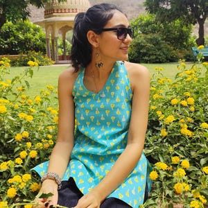 Blue Cotton Halter Neck Top – Backless Tie-Up Sleeveless Kurti image 13