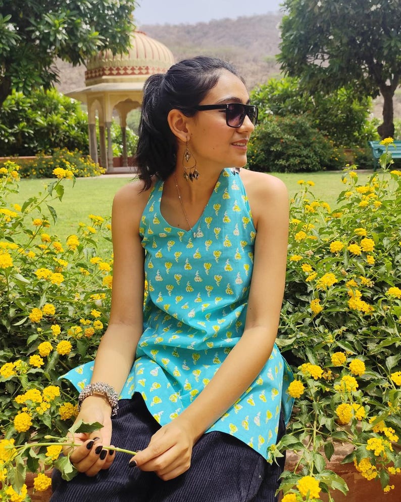 Blue Cotton Halter Neck Top – Backless Tie-Up Sleeveless Kurti image 13