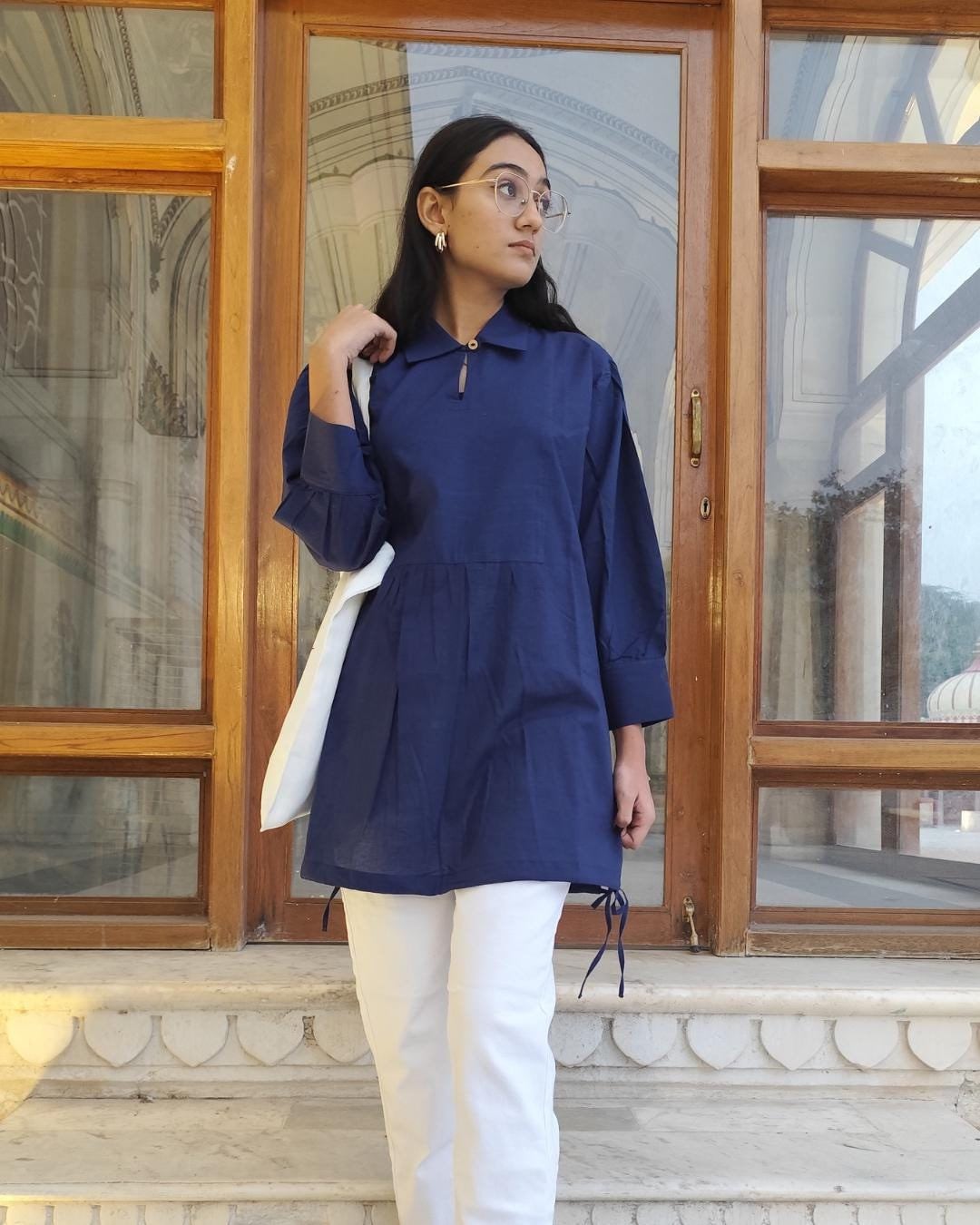 Cotton Tunic Top - Navy Blue Collared Shirt with Front Yoke and Full Sleeves