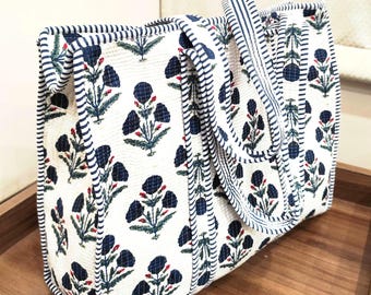 Hand Block Printed Quilted Cotton Bag: Large Boho Travel Handbag