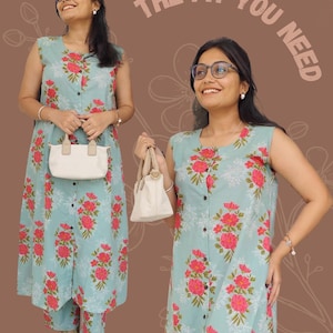 Conjunto de kurta de algodón floral hecho a mano, ropa de estar estilo bohemio indio, conjunto étnico suave de verano, conjunto de kurta y pantalón festivo estilo indio para mujer.