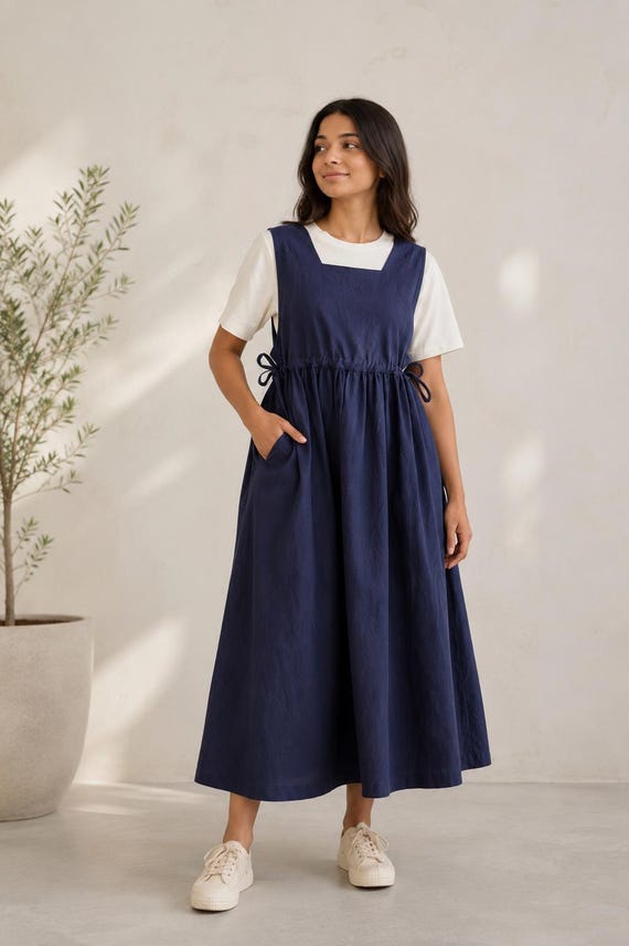 Navy Blue Cotton Poplin Pinafore Dress, Layered Apron Dress, Sleeveless Midi Dress, Cottage core Dress, Japanese Style Dress
