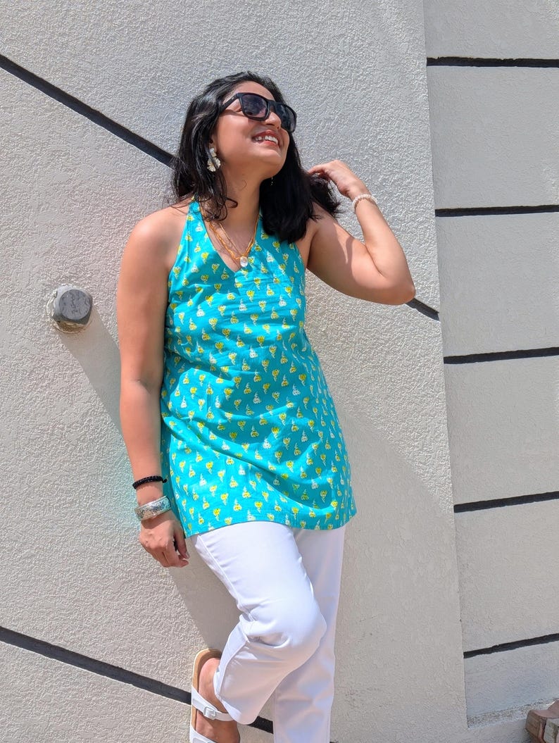 Blue Cotton Halter Neck Top – Backless Tie-Up Sleeveless Kurti image 7