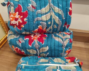 Hand Block Printed Quilted Cotton Pouch Set: Floral Toiletry Bags
