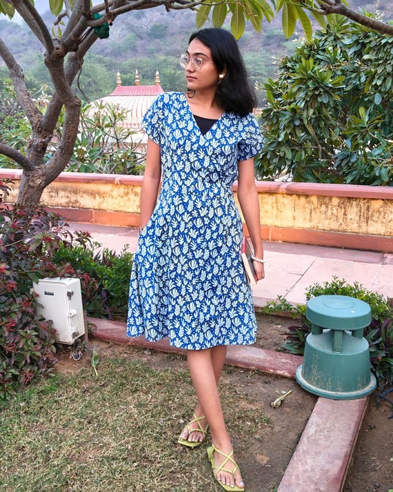 blue wrap dress short sleeve Blue Floral Cotton Wrap Dress: Short Sleeve Summer Sundress