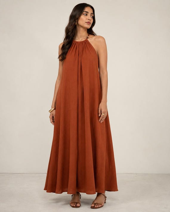 halter dress flowy Bohemian Maxi Designed without lining for a lightweight PanoraCirqi Halter Dress Layered Flowy