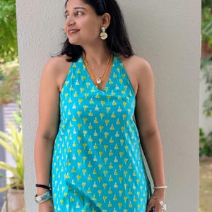 Blue Cotton Halter Neck Top – Backless Tie-Up Sleeveless Kurti image 2