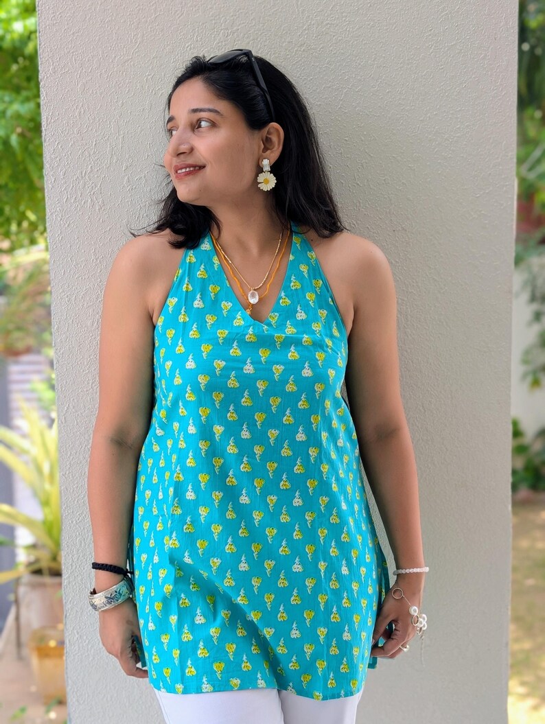 Blue Cotton Halter Neck Top – Backless Tie-Up Sleeveless Kurti image 2